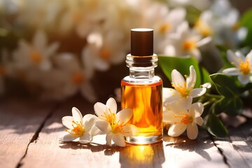 Fototapeta na wymiar Neroli essential oil with flowers on a wooden background