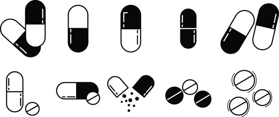 Set of Capsule glyph Pill icons. Medical capsule pictogram isolated on transparent background, soft gel capsule icons in flat styles. Medicament and pharmaceutical symbols. medical designs elements. - obrazy, fototapety, plakaty