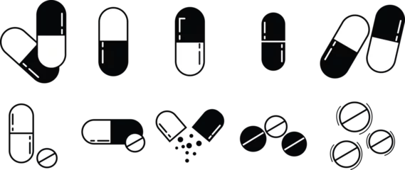 Fotobehang Set of Capsule glyph Pill icons. Medical capsule pictogram isolated on transparent background, soft gel capsule icons in flat styles. Medicament and pharmaceutical symbols. medical designs elements. © M