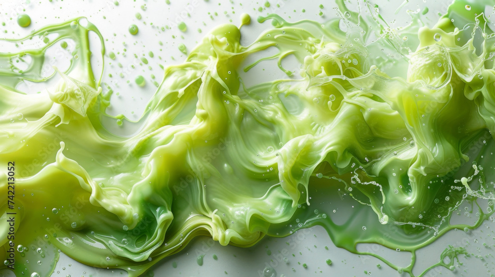 Poster texture of bright green liquid pooling on a matte white background in a mesmerizing pattern.