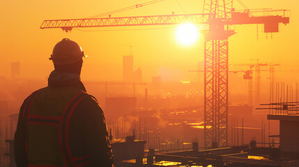 Fototapeta na wymiar Construction Worker Observing Crane at Urban Development Project