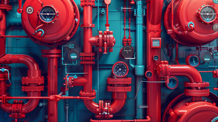 Obraz premium Network of Red Pipes and Valves in Room With Blue Walls