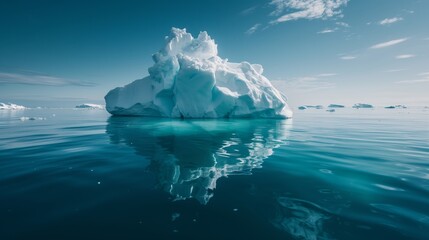 A majestic iceberg floats tranquilly in the clear blue waters under a soft blue sky, reflecting nature's serene beauty.