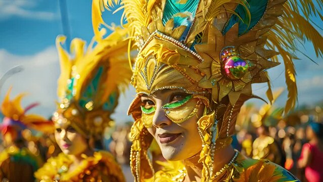 Slow motion portrait of a beautiful Filipino woman in costume for the Masskara festival in Bacolod