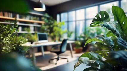 Modern office interior with plants and furniture. Blurred background, selective focus