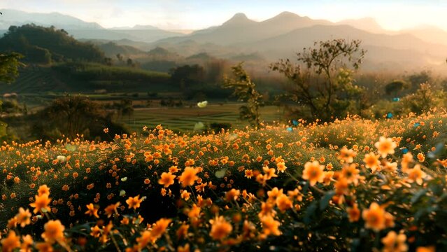 In spring, when the sun begins to shine its warm rays, orange flowers bloom profusely and butterflies flutter around.   Seamless looping time-lapse 4k animation video background  Generated AI
