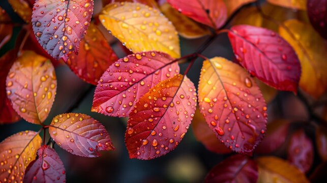 Close-up view of autumn leaves in vibrant reds and yellows, dotted with fresh morning dew drops, highlighting the beauty of fall.