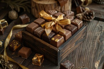 array of exquisite chocolates, each with its unique texture and filling, is presented in a wooden gift box, creating a visual feast