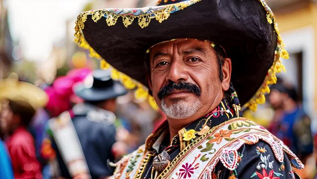 Slow motion portrait Mexican man in traditional dress for Cinco de Mayo in Mexico City