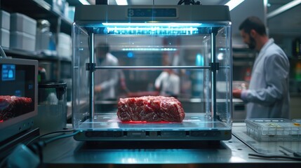 Lab grown meat. Showcasing the future of food with cultured beef in high tech laboratory. Innovative food technology. Sustainable and ethical alternative to traditional meat production. Generative AI