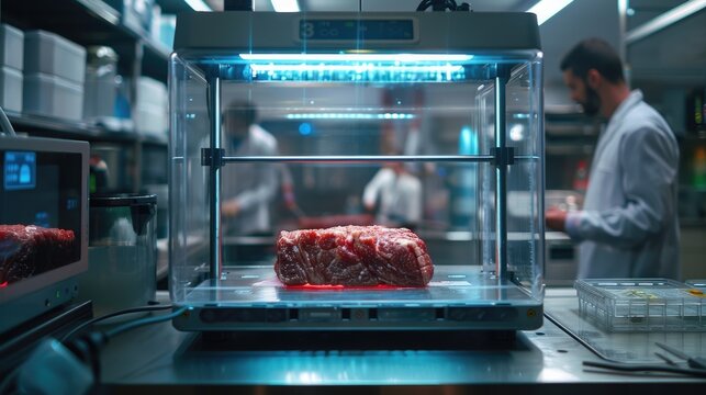 Lab grown meat. Showcasing the future of food with cultured beef in high tech laboratory. Innovative food technology. Sustainable and ethical alternative to traditional meat production. Generative AI