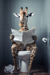 Humorous image of a giraffe dressed in business attire, reading a newspaper while seated on a toilet in a grey-tiled restroom