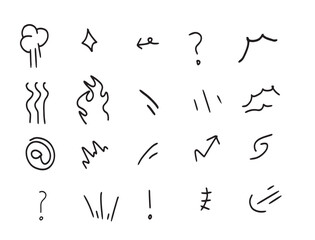 Vector set of hand-drawn cute cartoony expression sign doodle line stroke. movement drawing, curve directional arrows, emoticon effects design elements, cartoon character emotion symbols