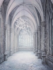 Obraz premium Vintage Art Print: Enchanted Winter Palace Halls Pathway Painting in Frosted Hallway