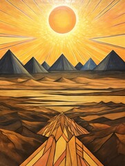Fototapeta na wymiar Golden Egyptian Pyramids Abstract Landscape Vintage Art Print