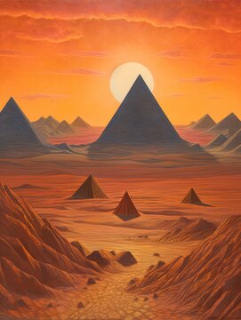 Golden Egyptian Pyramids Twilight Vintage Painting Landscape - Evening Desert Vistas