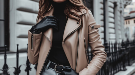 A taupe leather moto jacket paired with a black turtleneck and skinny jeans accessorized with a pair of leather gloves and ankle boots. This timeless and edgy look is perfect
