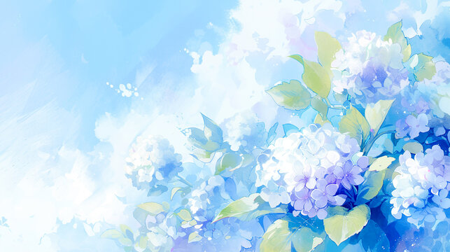 青紫色の紫陽花と美しい青空の水彩イラスト背景