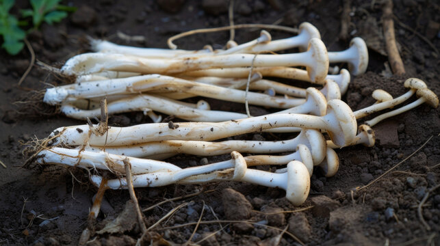 A bundle of slender pale pars with their roots still attached their creamy white skin contrasting beautifully with the dark crumbling soil.