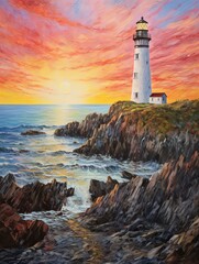 Naklejka premium Majestic Dawn: Lighthouse at Sunrise on Cliffside Beacon Painting
