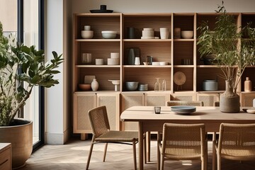 Fototapeta na wymiar Grid Shelving: Modern Mediterranean Dining Room with Wooden Cabinet Storage