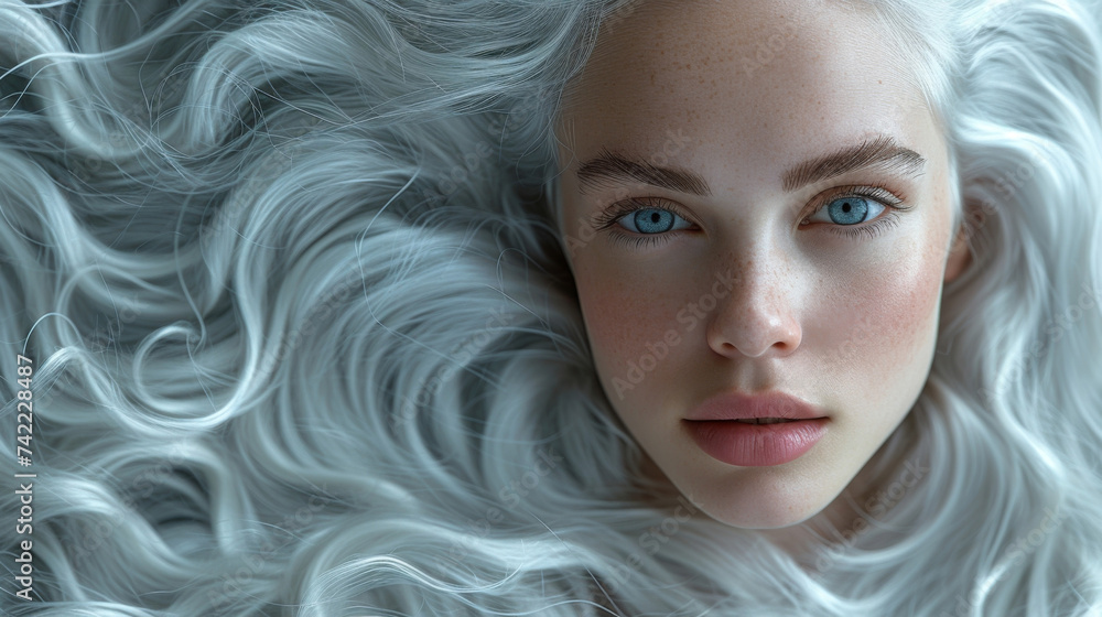 Aufkleber closeup of smooth youthfully vibrant hair evolving into a wild and free shift of gray and white curl