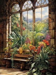 Fototapeta na wymiar Nostalgic Train Station Botanical Wall Art: Vintage Scene Print with Garden Aesthetic