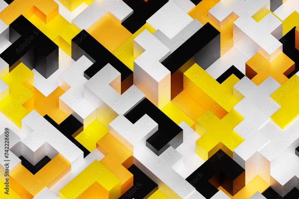 Poster 3d rendering of an abstract multi-colored pattern of shapes