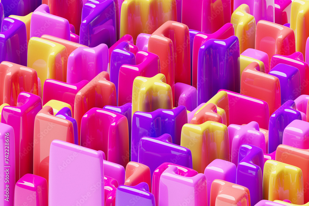 Poster 3d rendering of an abstract multi-colored pattern of shapes