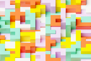  3D illustration volumetric  colorful  cubes. Parallelogram pattern. Technology geometry neon background