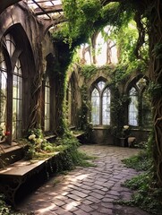 Fototapeta premium Earth Tones Art: Rustic Vine-Covered Farmhouse Courtyards