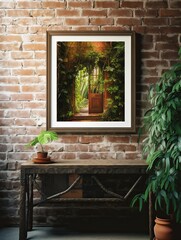 Vintage Brick Wall Courtyard Print: Rustic Vine-Covered Landscaped Art