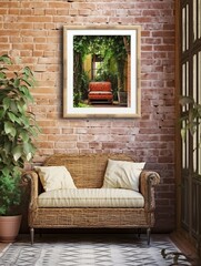 Vintage Courtyard Charm: Rustic Vine-Covered Landscape Print with Brick Wall Frame
