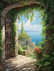 Rustic Vine-Covered Courtyards Island Artwork: Courtyard By The Sea with Ocean Views Masterpiece