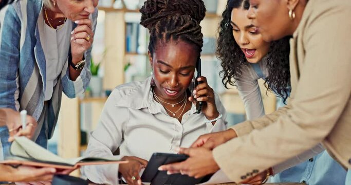 Stress, multitasking and business woman overwhelmed in office by team, deadline or phone call. Corporate, chaos and female manager with anxiety, tax or audit, panic or compliance, fail and disaster