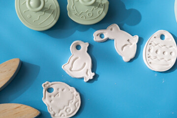 Children air dry clay activity handicraft idea. DIY process step by step instruction. Preparing for Easter holiday decorating. Modern organic design minimalistic plastic free sustainable decor