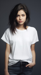 Fototapeta premium portrait of a woman, relaxed and wearing a white shirt, blank shirt against a neutral grey background for tshirt mockup