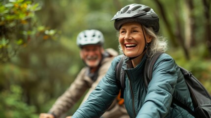 Wearing matching helmets and grinning from ear to ear an older couple takes off on their electric bikes through a verdant nature reserve immersing themselves in a sustainable