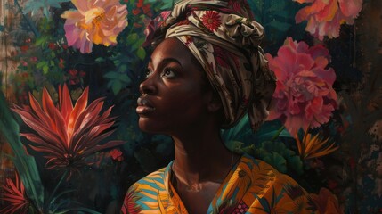 An oil painting in a romantic style featuring a glowing black woman wearing a headwrap against a...