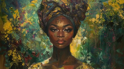 An oil painting in a romantic style featuring a glowing black woman wearing a headwrap against a...