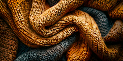Close up imagery capturing the rich textures of woven woolen fabrics background Collage of cozy knitted sweaters in warm autumn colors, perfect for fall fashion or textile backgrounds.  