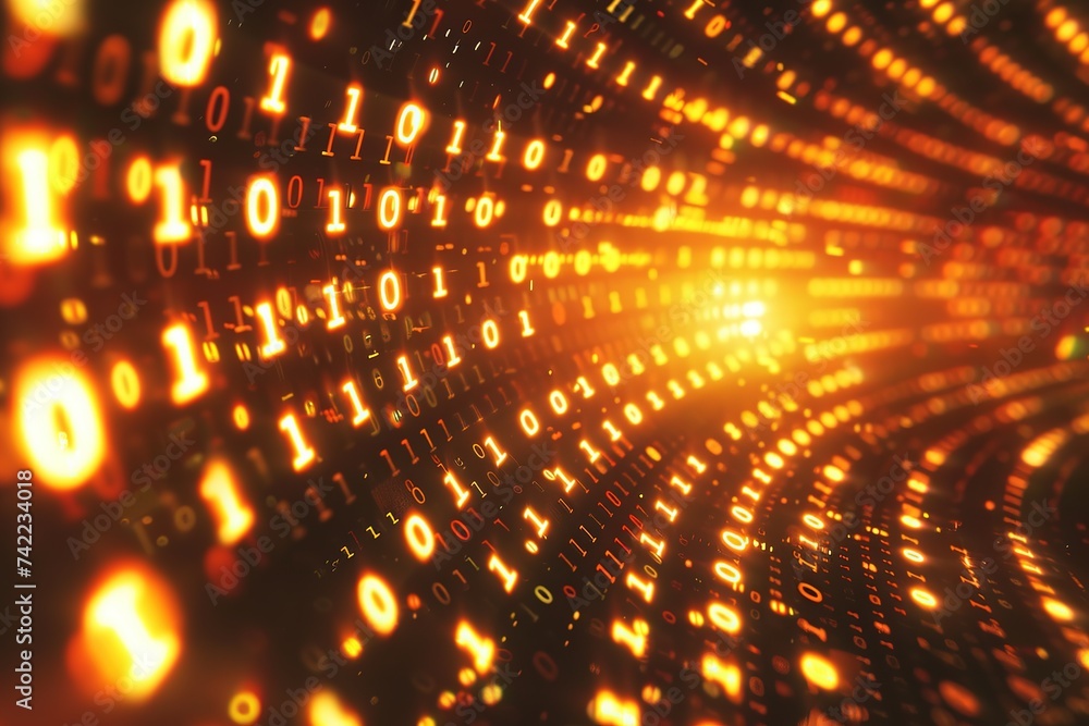 Poster beautiful orange binary tunnel circle, concept, computer, code or network. futuristic background