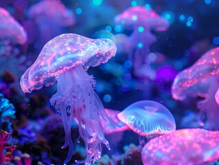 Bioluminescent ocean life digital creation vibrant undersea tech world