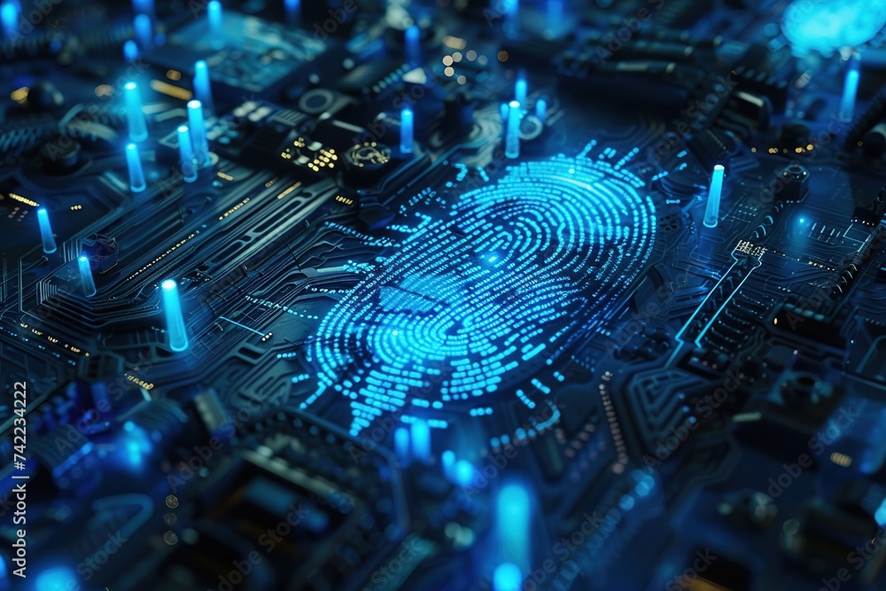 Aufkleber digital fingerprint blue circuit board background. concept. scanning system. cyber security or cyber