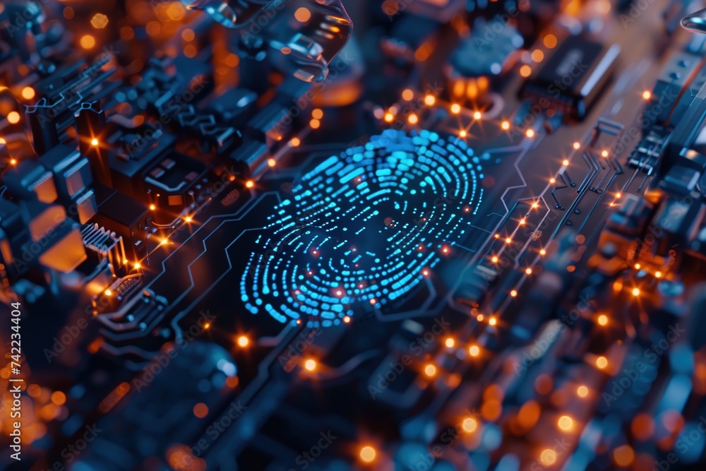 Poster digital fingerprint blue circuit board background. concept. scanning system. cyber security or cyber