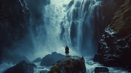 Powerful waterfall plummets down a rugged cliff into a mist-covered abyss, showcasing the raw force of nature. - obrazy, fototapety, plakaty