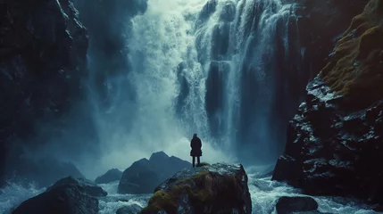 Foto op Plexiglas Powerful waterfall plummets down a rugged cliff into a mist-covered abyss, showcasing the raw force of nature. © Old Man Stocker