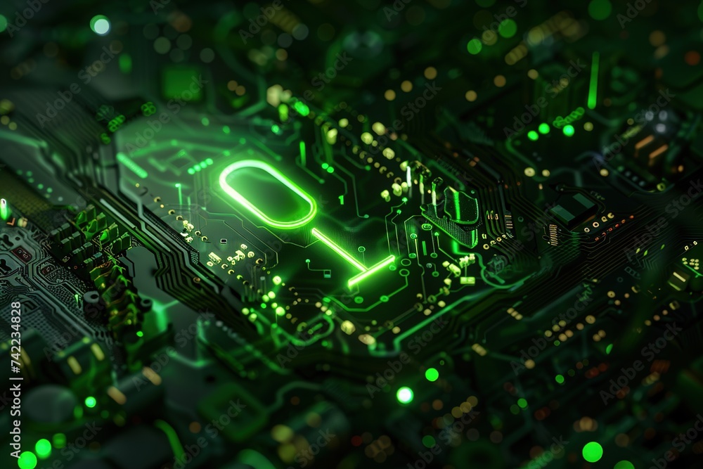 Poster 0 and 1 binary symbol glowing green on black circuit board background, concept, technology, binary c