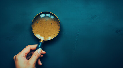 hand holding magnifying glass against a textured blue background, blank space for text or copy