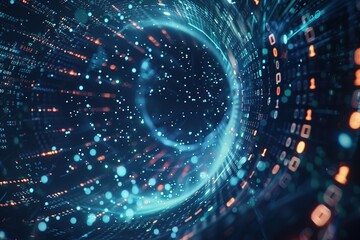 Beautiful blue binary tunnel circle, concept, computer, code or network. Futuristic Background